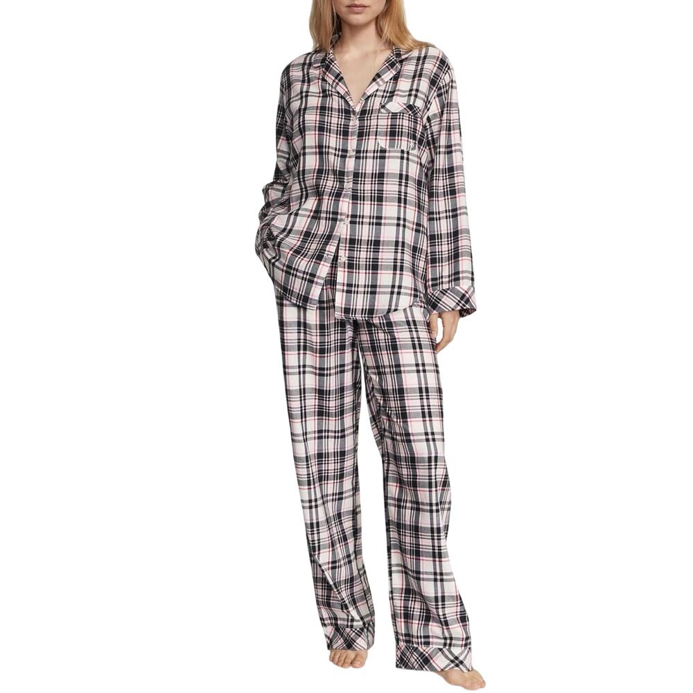 Victoria's Secret Women's White Heritage Plaid Flannel Long Pajama Set Size XL